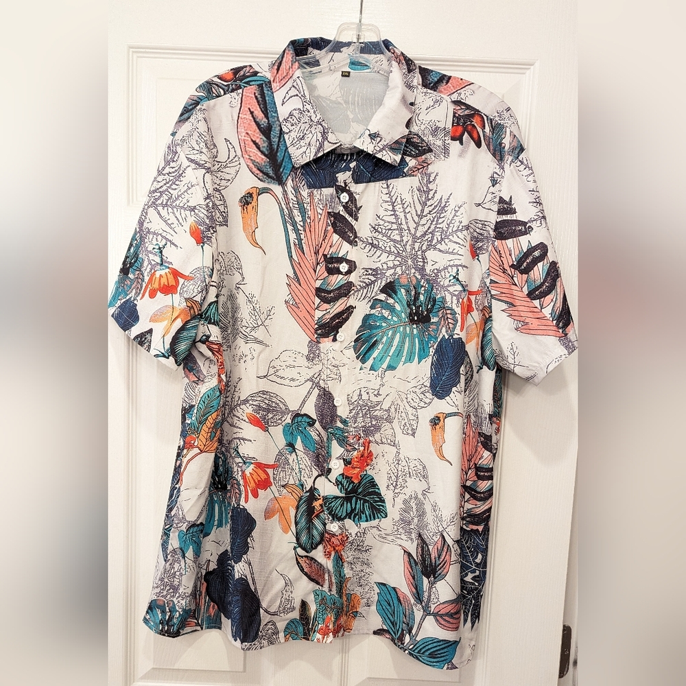 Men's Casual Short Sleeved Floral Hawaiian Beach Button-Down Shirts Retro XXL